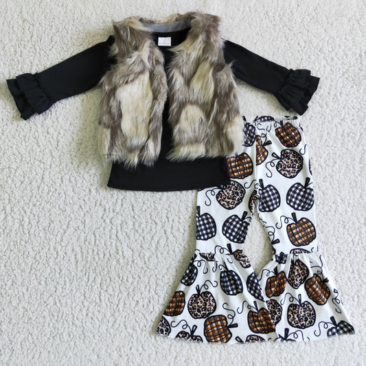 GLP0317 3Pcs Grey Vest Top + Halloween Pumpkin Black Leopard Girls Long Sleeve Bell Bottom Pants Outfits