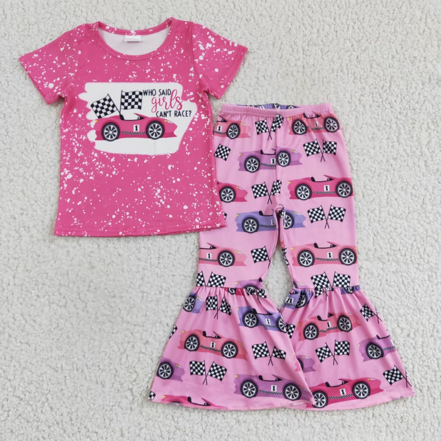 promotion RTS GSPO0318 Pink Bleach Race Car Girls Short Sleeve Bell Bottom Pants Outfits