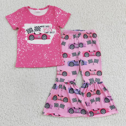 promotion RTS GSPO0318 Pink Bleach Race Car Girls Short Sleeve Bell Bottom Pants Outfits