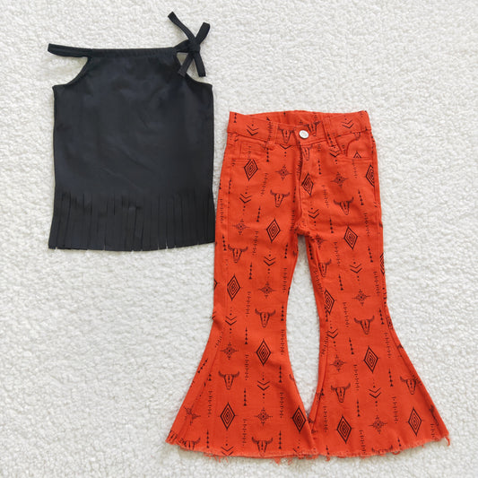GSPO0  2Pcs GT0088  Top + Brown Stripes Denim Girls Short Sleeve Bell Bottom Pants Outfits