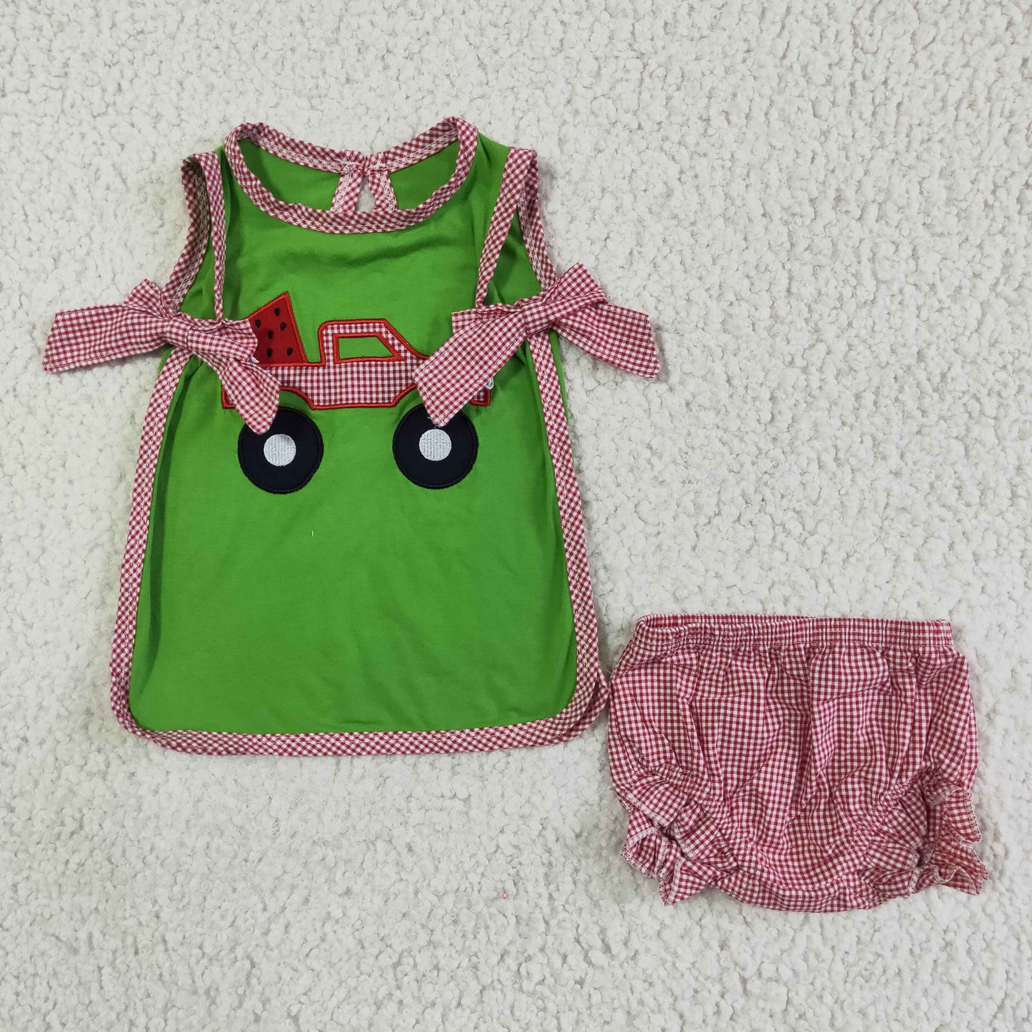 GBO0048 Green Red Plaid Car Watermelon Embroidery Girls Short Sleeve Bummies Outfits