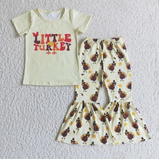 GSPO0174 Thanksgiving Little Turkey Yellow Girls Short Sleeve Bell Bottom Pants Outfits