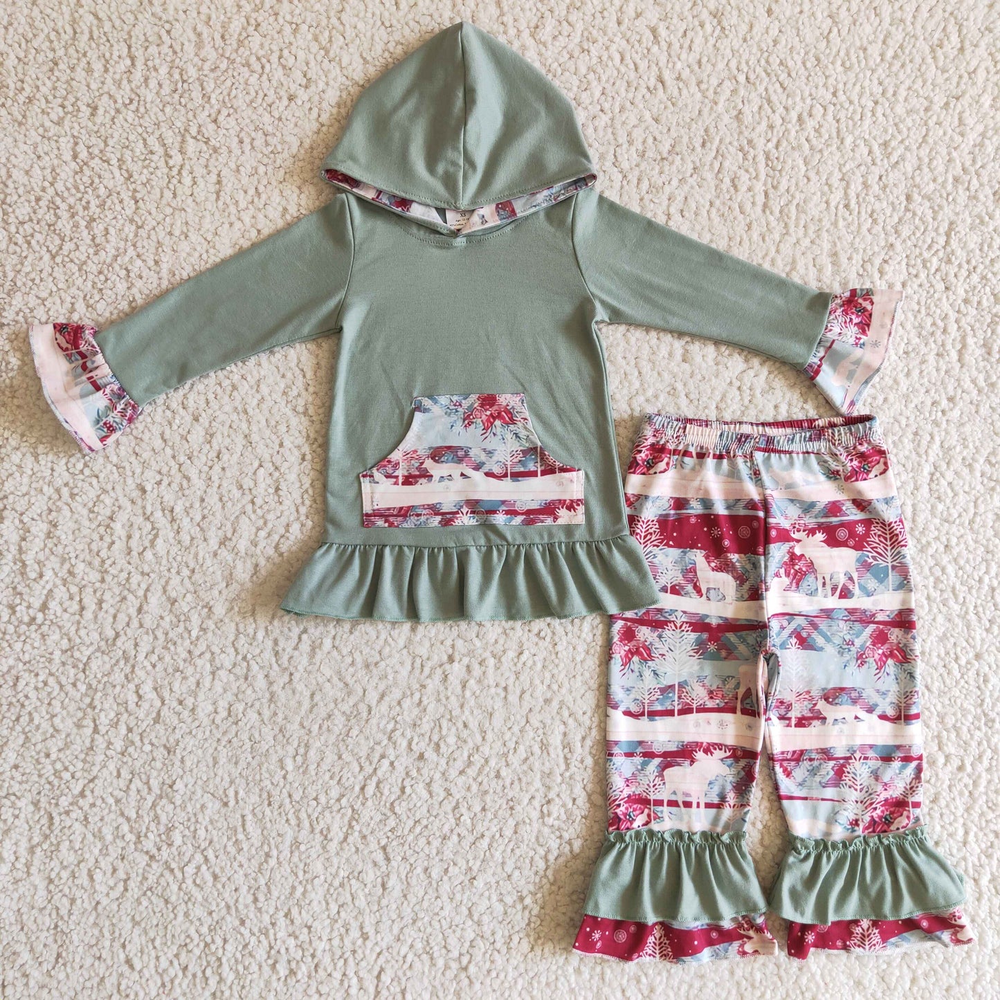 GLP0276 Christmas Green Red Deer Pocket Girls Long Sleeve Hoodies Outfits