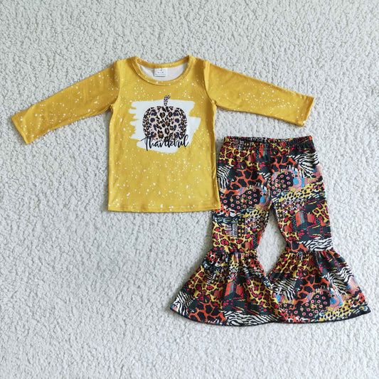 promotion RTS 6 A3-16 Halloween Pumpkin Thanksful Leopard Yellow Girls Long Sleeve Bell Bottom Pants Outfits