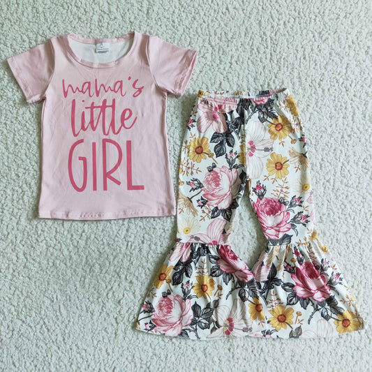 GSPO0153 Pink Floral Mama little Girls Short Sleeve Bell Bottom Pants Outfits