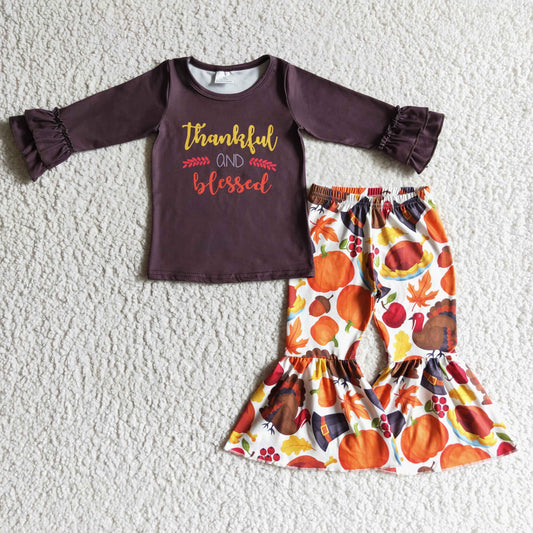 GLP0230 Thanksgiving Turkey Brown Thankful And Blessed Girls Long Sleeve Bell Bottom Pants Outfits