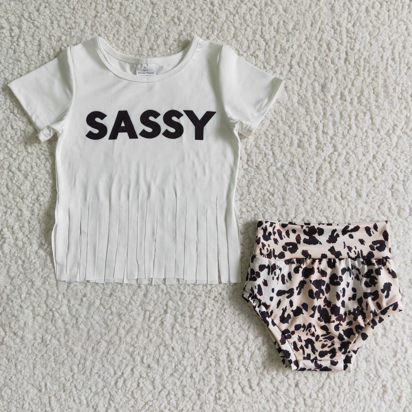 B8-10 Sassy Tassel Leopard Girls Short Sleeve Bummies Outfits