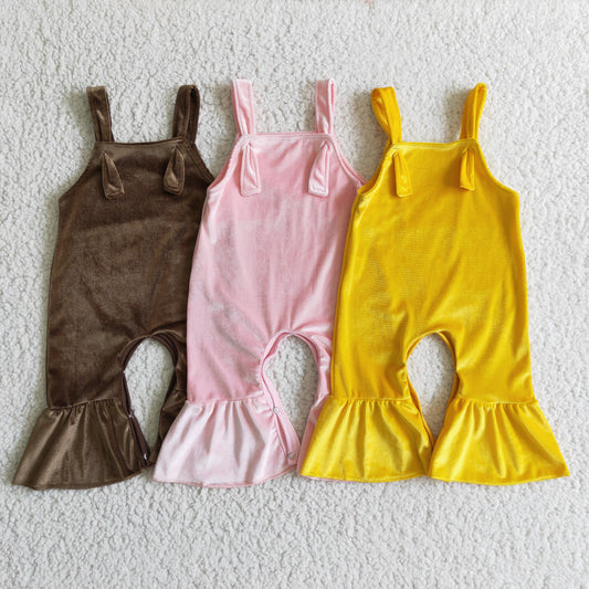 SR0089 Orange Yellow Velvet Girls Sleeveless Jumpsuit Overall Pants