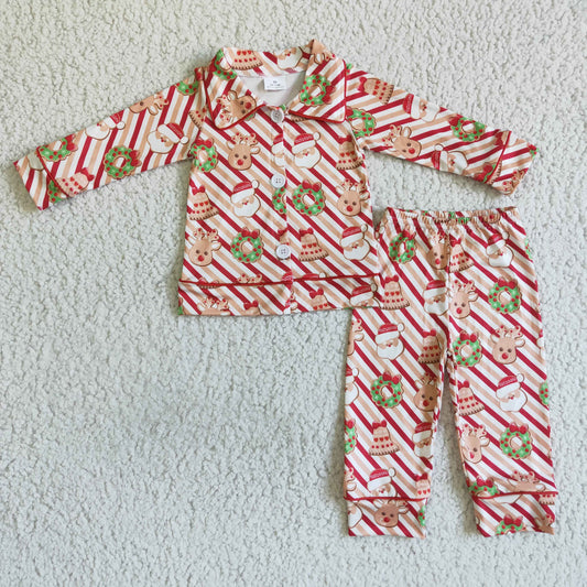 Clearance 6 A22-19 Christmas Red Stripes Santa Deer Collar Boys Long Sleeve Pajamas