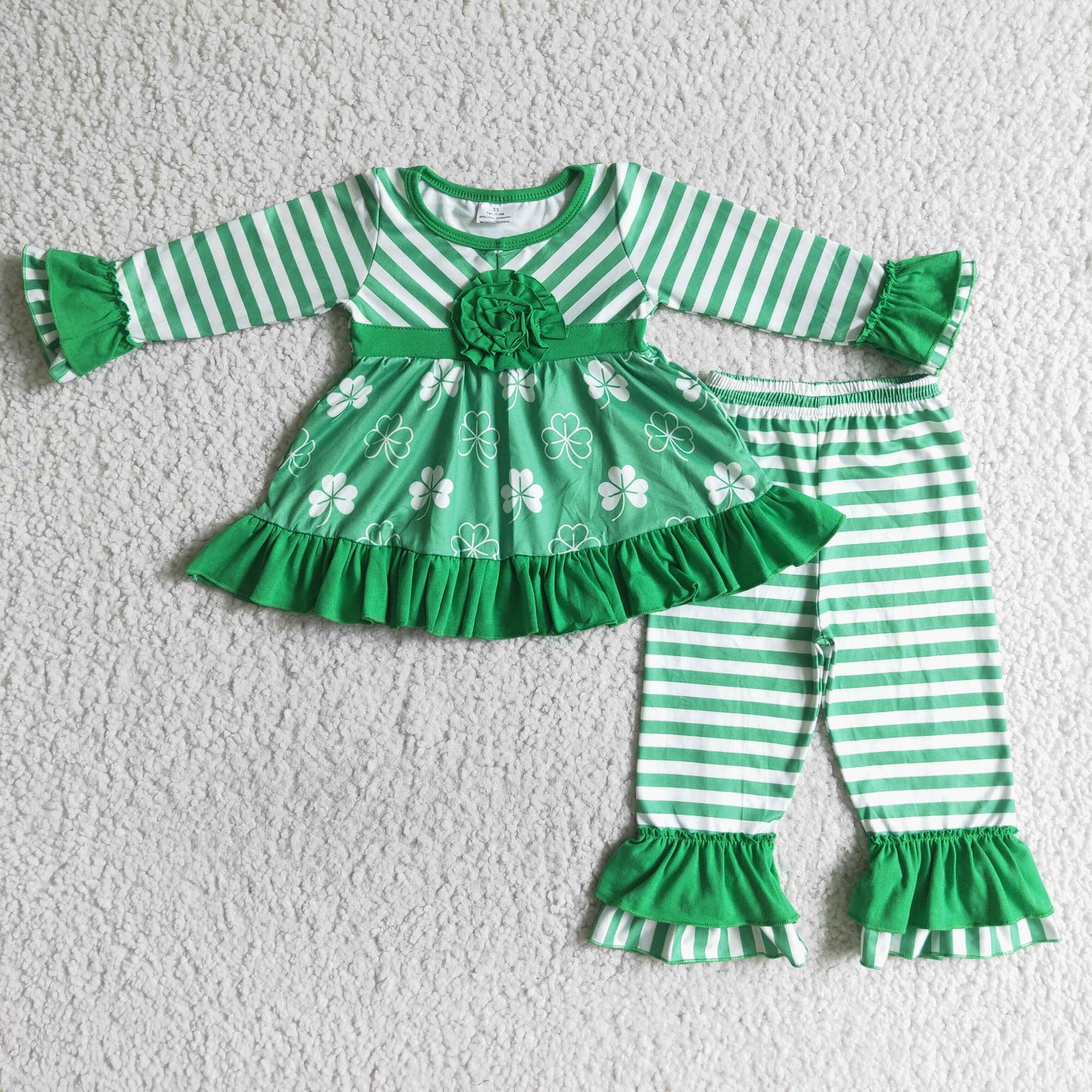 6 A17-11 St. Patrick  Green Striped Lucky Clover Tunic Ruffles Girls Long Sleeve Pants Outfits