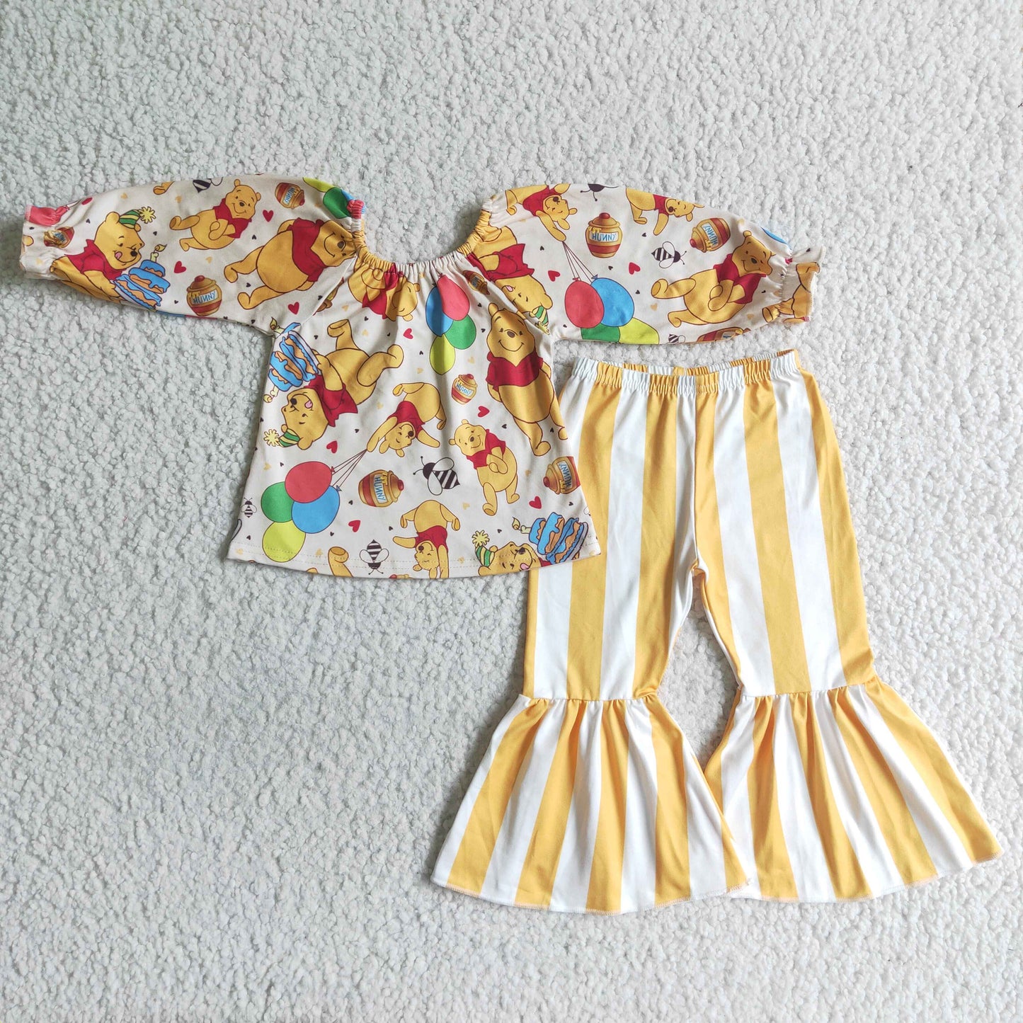 Clearance GLP0030 Yellow Bear Cartoon Stripes Girls Long Sleeve Bell Bottom Pants