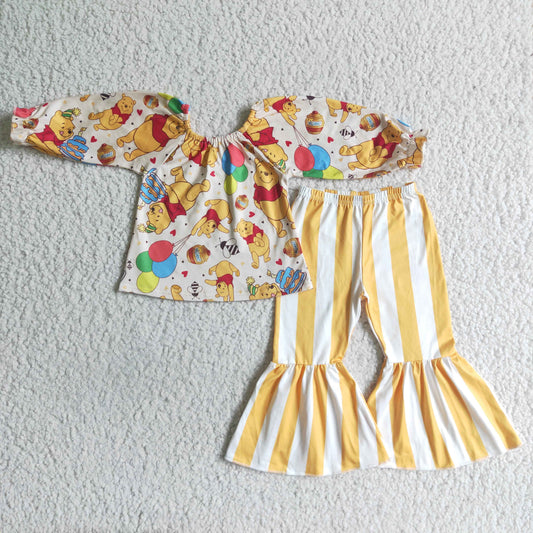 Clearance GLP0030 Yellow Bear Cartoon Stripes Girls Long Sleeve Bell Bottom Pants