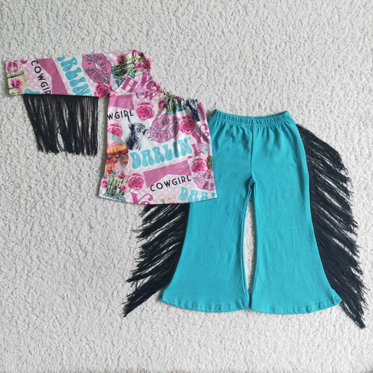 GSPO0141 Blue Pink Cowgirl Western Single Sleeve Tassel Girls Short Sleeve Bell Bottom Pants Outfits