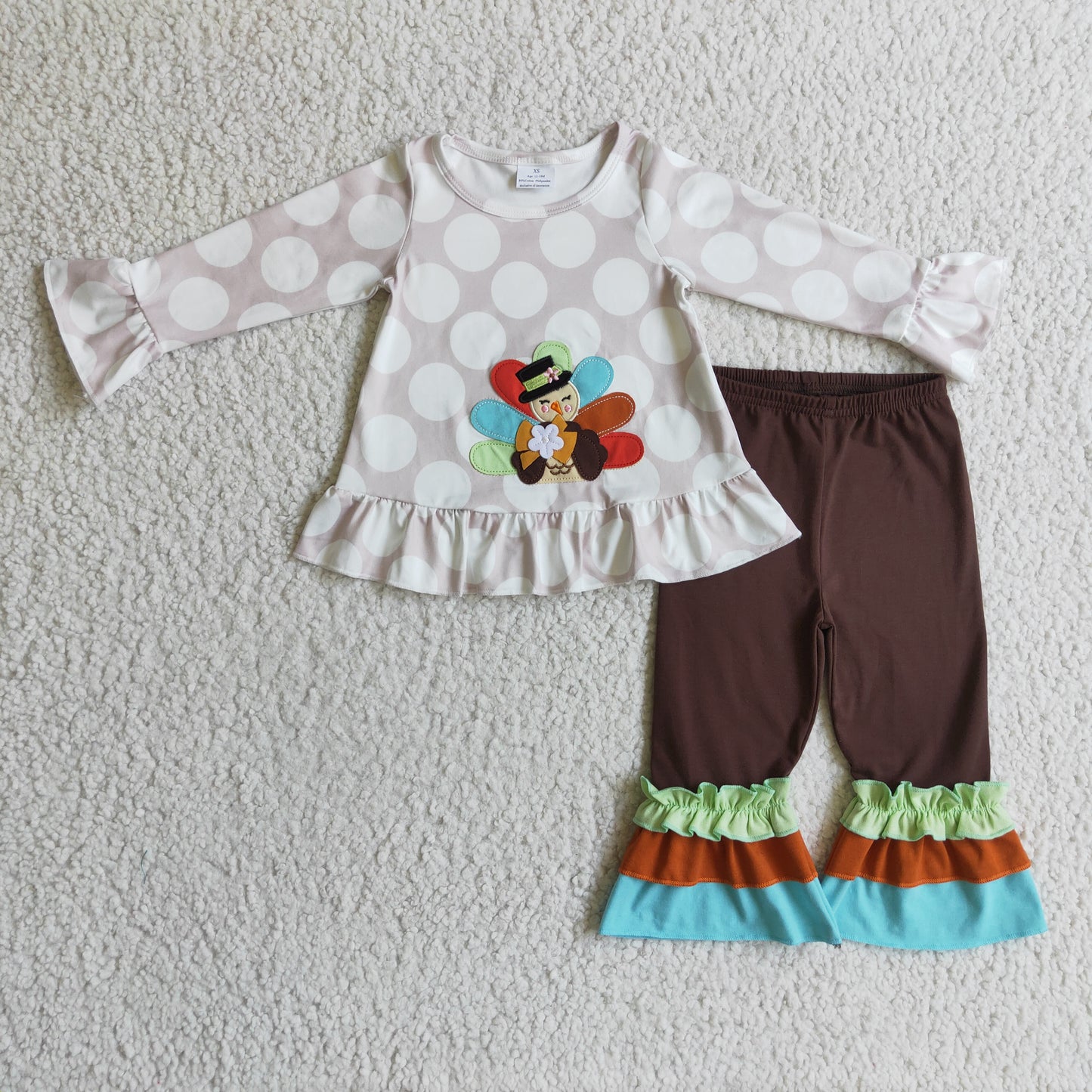 GLP0219 Thanksgiving Turkey Brown Ruffles Embroidery Girls Long Sleeve Bell Bottom Pants Outfits