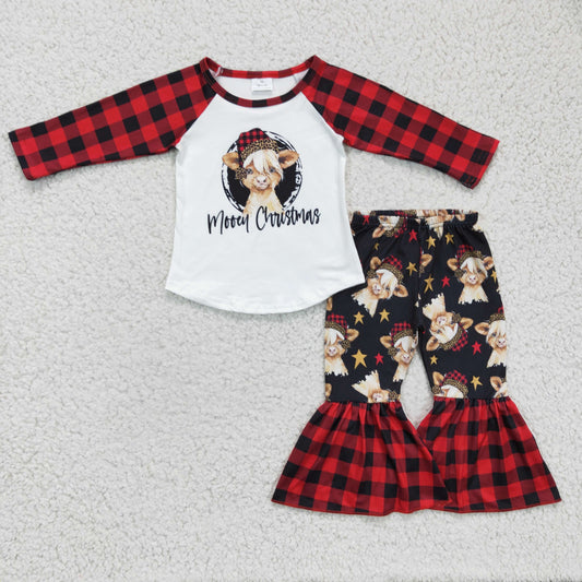 Clearance 6 A7-11 Mooey Christmas Cow Leopard Heifer Plaid Girls Long Sleeve Bell Bottom Pants Outfits
