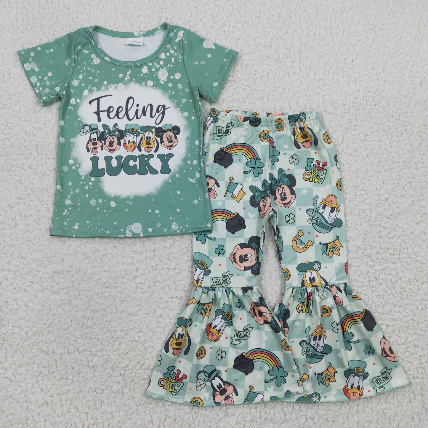 GSPO0430 St. Patrick Green Clover Felling Lucky Duck M Cartoon Girls Short Sleeve Bell Bottom Pants Outfits