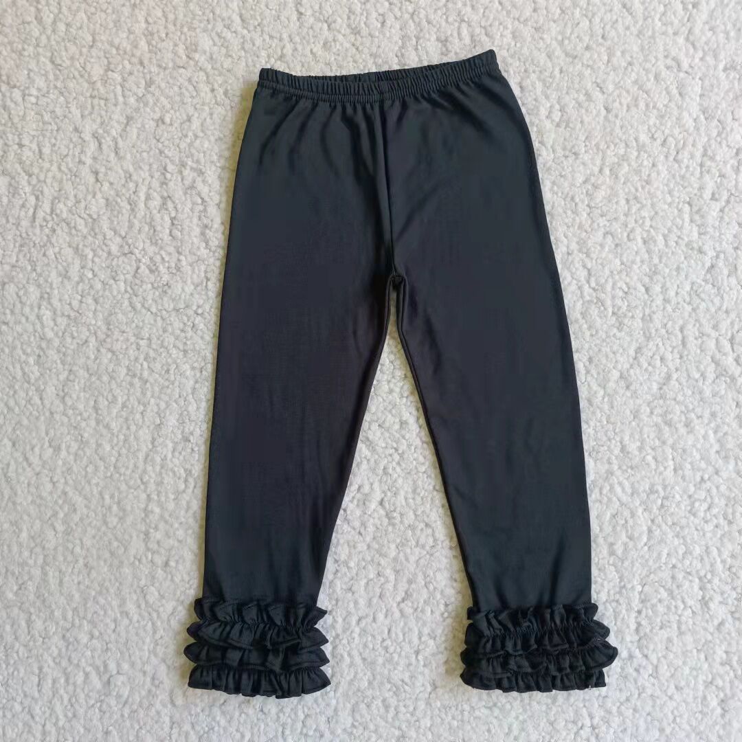 E3-26 Cotton Ruffles Black Solid Color Pants Legging