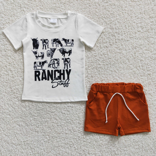 BSSO0191 Ranchy Cows White Brown Boys Short Sleeve Shorts Outfits