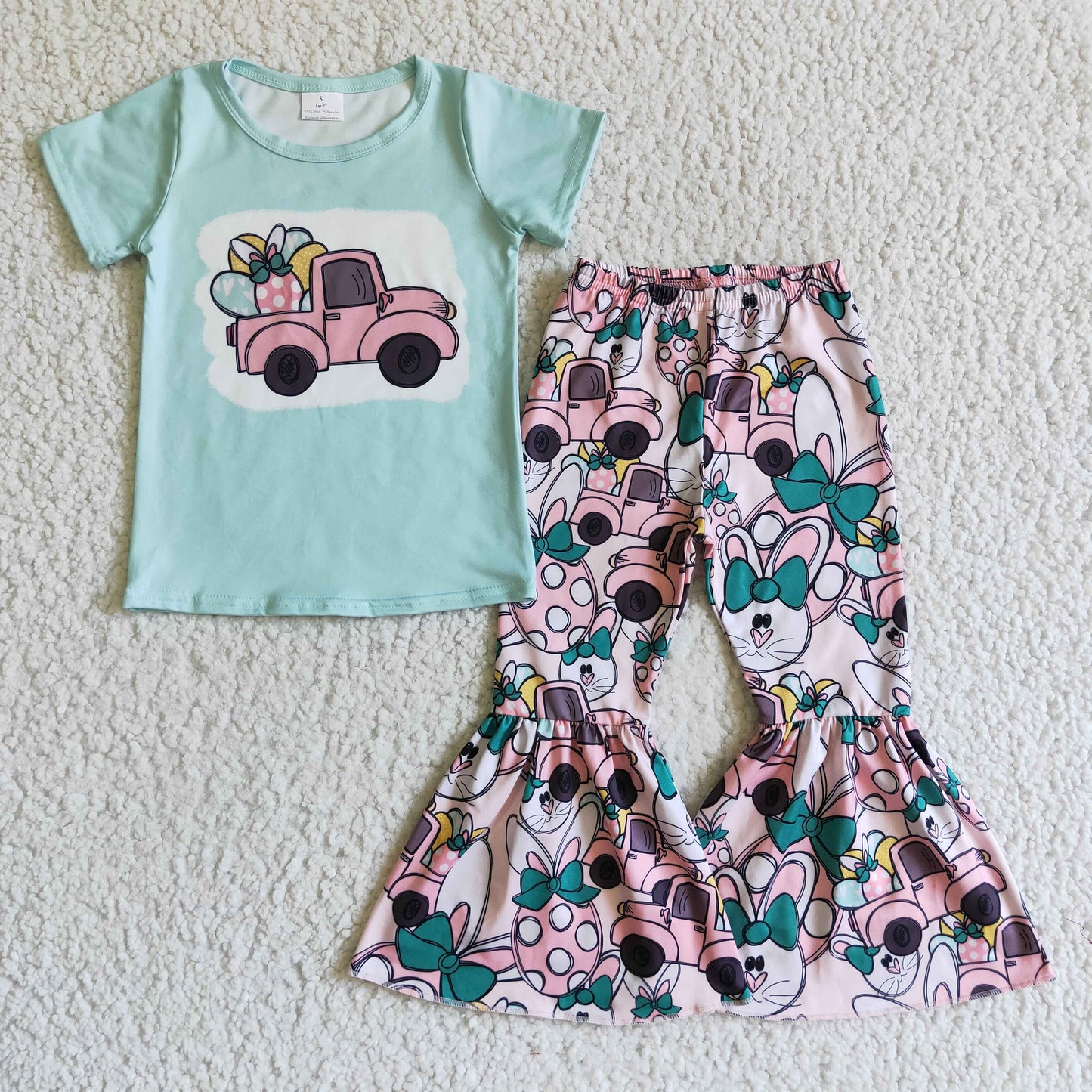 Clearance E10-14 Easter Blue Pink Egg Rabbits Car Girls Short Sleeve Bell Bottom Pants Outfits