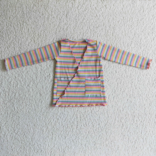 GT0068 Pink Blue Striped Print Girls Long Sleeve Cardigan