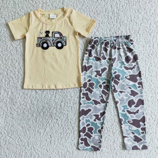 BSPO0014 Car Dog Cartoon Camo Embroidery Boys Short Sleeve Pants Outfits