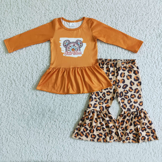 GLP0115 Halloween Pumpkin Orange Leopard Fall Vibes Cartoon Girls Long Sleeve Bell Bottom Pants Outfits