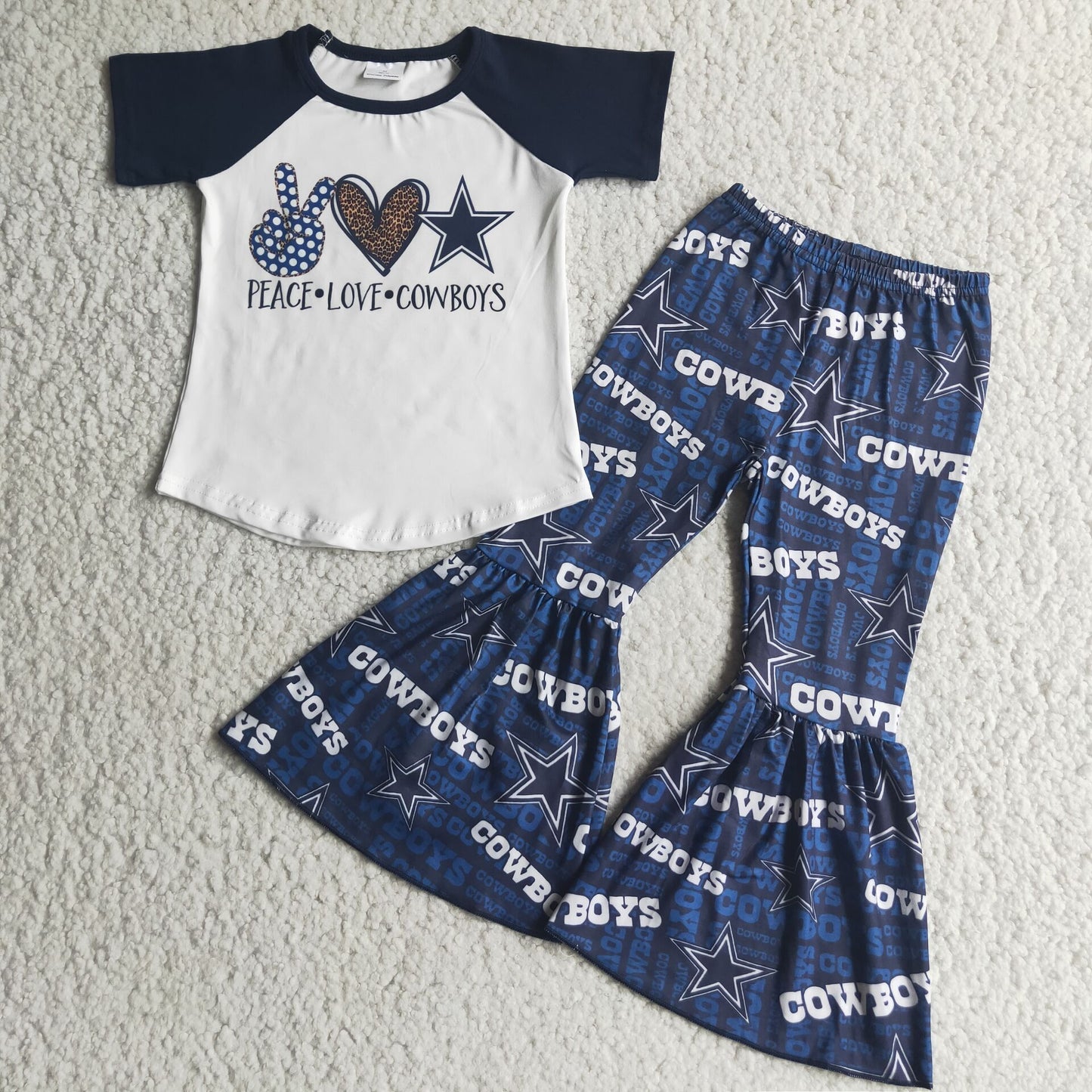 A1-12 Peace Love Cowboys Blue Starts Girls Short Sleeve Bell Bottom Pants Outfits