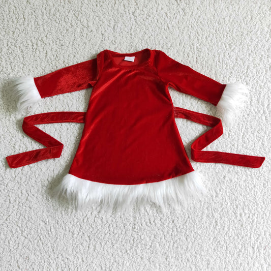 GLD0084 Christmas Red Velvet Belt Girls Long Sleeve Dresses