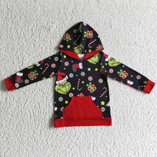 BT0069 Christmas Santa Red Green Cartoon Gift Black Pocket Boys Long Sleeve Hoodies Top