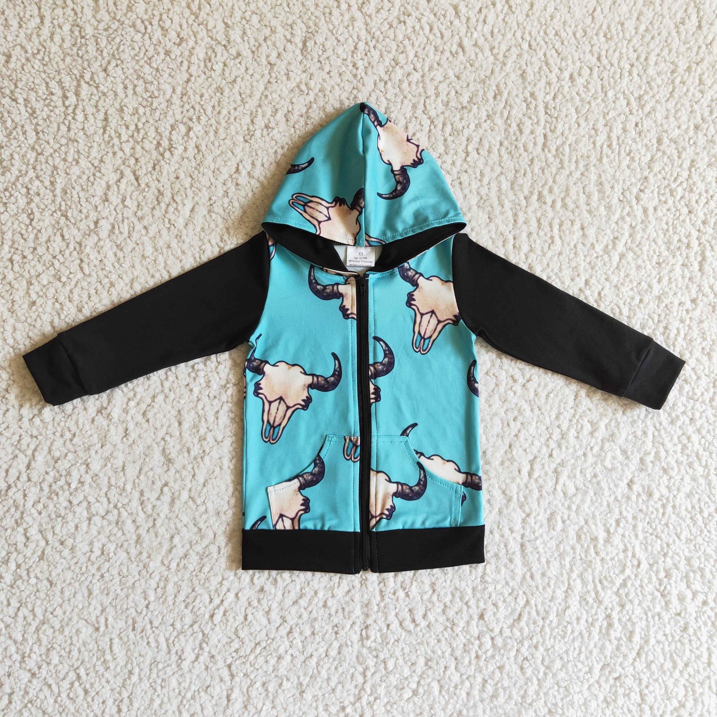 BT0083 Blue Western Cow Head Cowboy Rodeo Pockets Boys Long Sleeve Hoodies Top