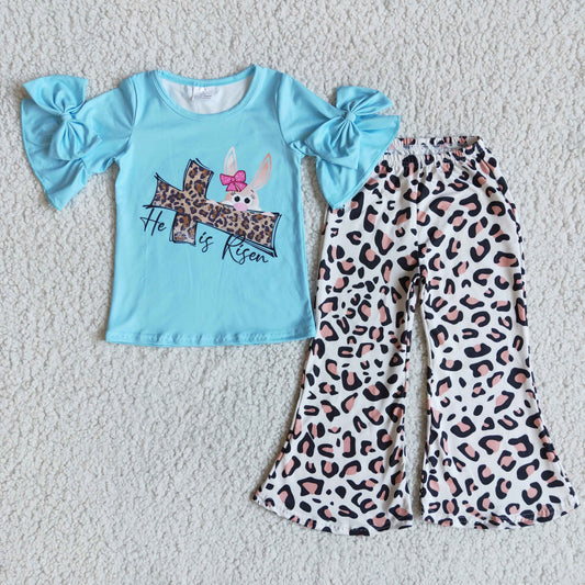 He Is Risen Blue Easter Leopard Print Girls Outfits