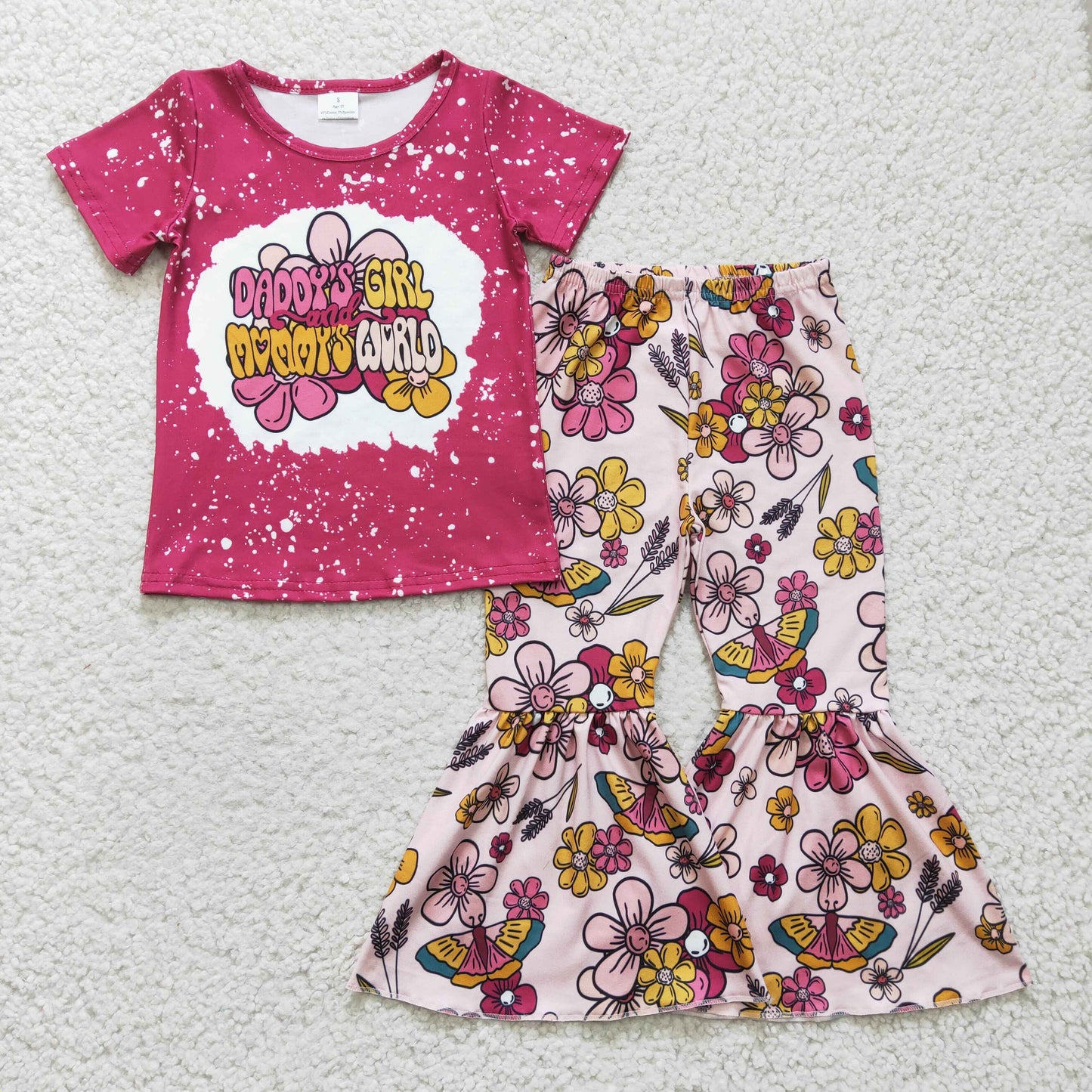 GSPO0414  Pink Floral Daddys Girl Mammys World Girls Short Sleeve Bell Bottom Pants Outfits