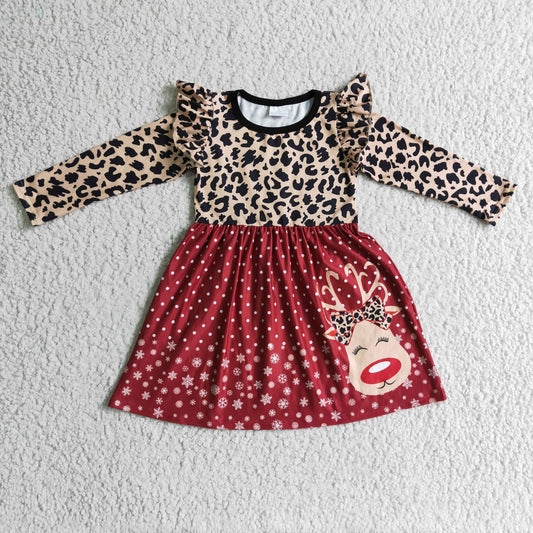 6 A29-12 Christmas Deer Red Leopard Print Girls Long Sleeve Dresses