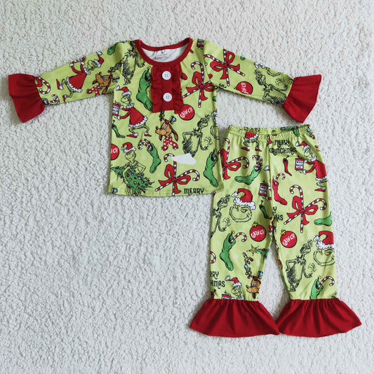 GLP0204 Christmas Green Cartoon Red Girls Long Sleeve Pajamas