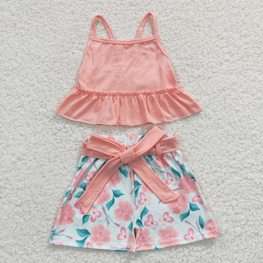 GSSO0196 Pink Floral Bow Girls Sleeveless Shorts Outfits