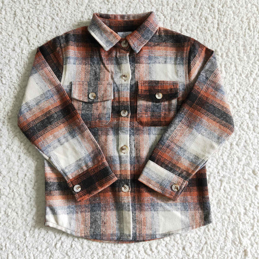 BT0116  Brown Plaid Boys Long Sleeve Top Winter Collar T-Shirts