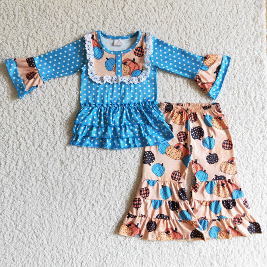 GLP0126 Halloween Pumpkin Blue Dots Ruffles Girls Long Sleeve Bell Bottom Pants Outfits
