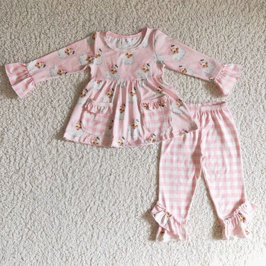 GLP0298 Christmas Santa Pink Plaid Pockets Tunic Girls Long Sleeve Pants Outfits