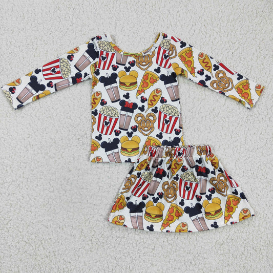 GLD0161 Hamburger Popcorn Red M Cartoon Girls Long Sleeve With Skirt Dresses Outfits