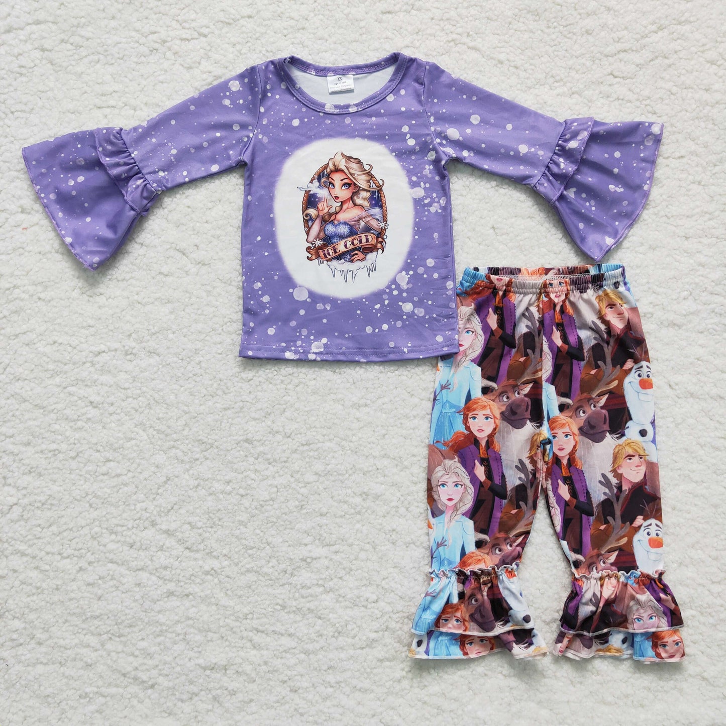 promotion RTS 6 C9-38 Purple Ruffles Princess Cartoon Girls Long Sleeve Bell Bottom Pants Outfits