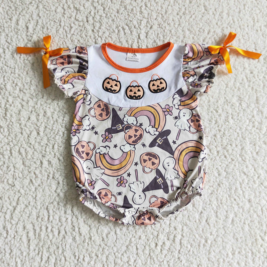 SR0086 Halloween Orange Plaid Rainbow Pumpkin Ghost Witch Cartoon Embroidery Girls Short Sleeve Romper