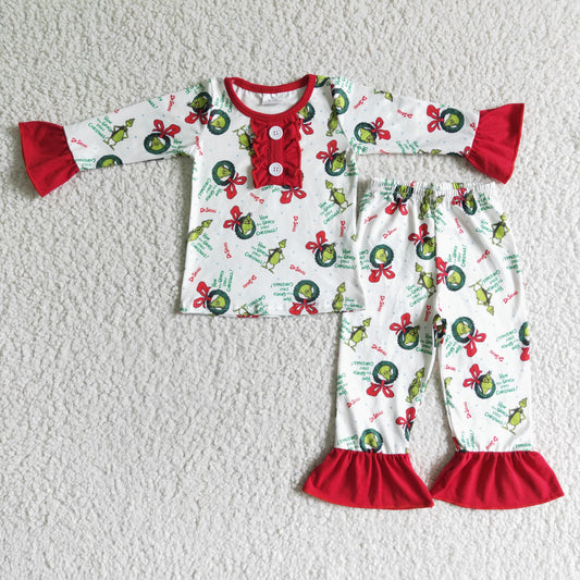 Clearance 6 A20-3 Christmas Red Green Cartoon Girls Long Sleeve Pajamas