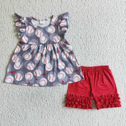 promotion RTS A10-5-1 Grey Red Baseball Girls Flutter Sleeve Shorts Outfits