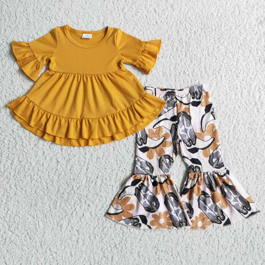 GSPO0104 Orange Boots Western Cowboy Tunic Ruffles Girls Short Sleeve Bell Bottom Pants Outfits