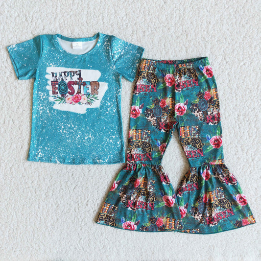 B2-12 Happy Easter Blue Floral Girls Short Sleeve Bell Bottom Pants Outfits