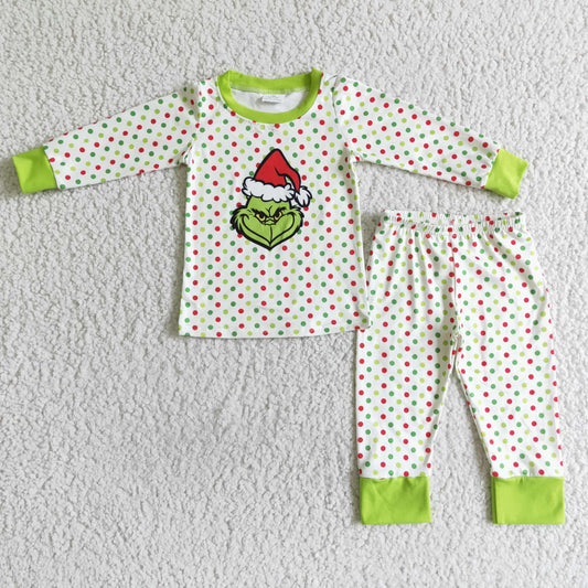 6 B1-22 Christmas Green Dots Cartoon Boys Long Sleeve Pajamas