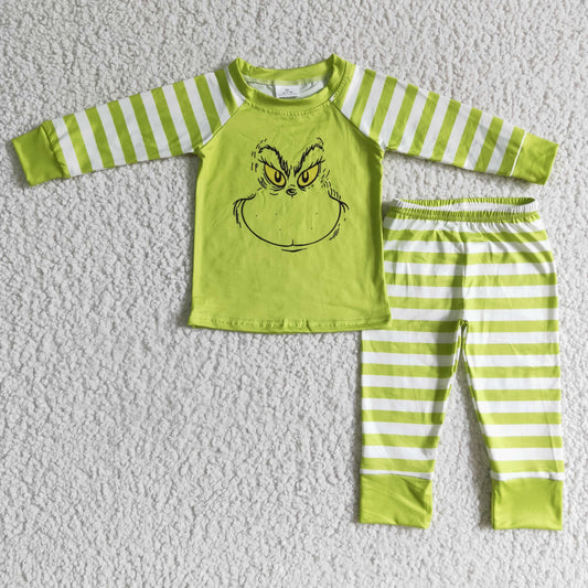 6 B7-2 Christmas Green Cartoon Striped Print Boys Long Sleeve Pajamas