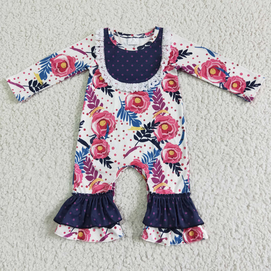 Clearance 6 A25-17 Purple Floral Girls Long Sleeve Romper