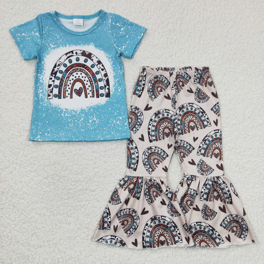 GSPO0338  Blue Bleach Leopard Love Rainbow Girls Short Sleeve Bell Bottom Pants Outfits