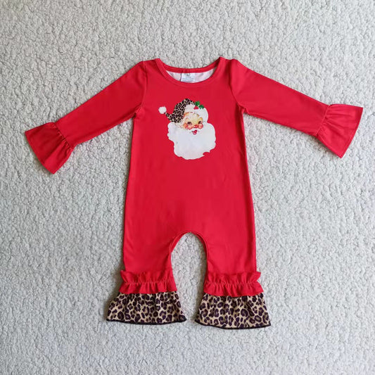 Clearance 6 A10-4 Santa Leopard Red Christmas Girls Long Sleeve Romper
